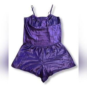 Purple Polyester Silk Tank & Shorts Sexy Lace VNeck Sleepwear Set, Size 1X